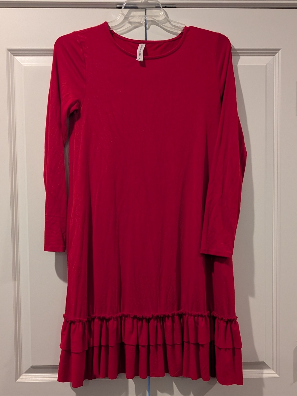 Red Ruffle-Hem Long Sleeve Dress
